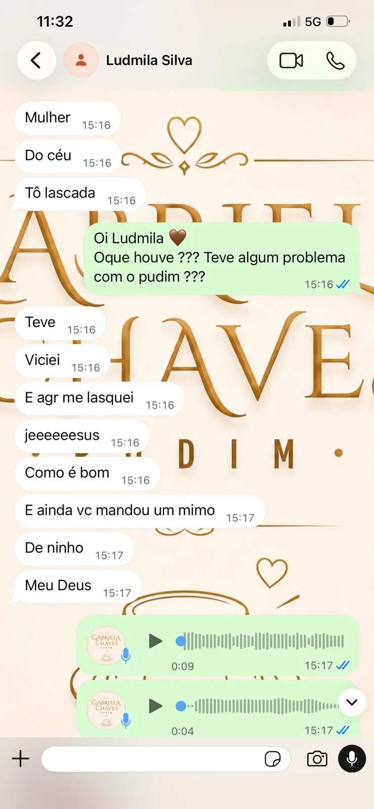 Conversa com Ludmila: Mulher. Do céu. Tô lascada. A Gabriela responde: Oi Ludmila, o que houve? Teve algum problema com o pudim? Teve. Viciei. E agr me lasquei. Como é bom. E ainda vc mandou um mimo. De ninho. Meu Deus.